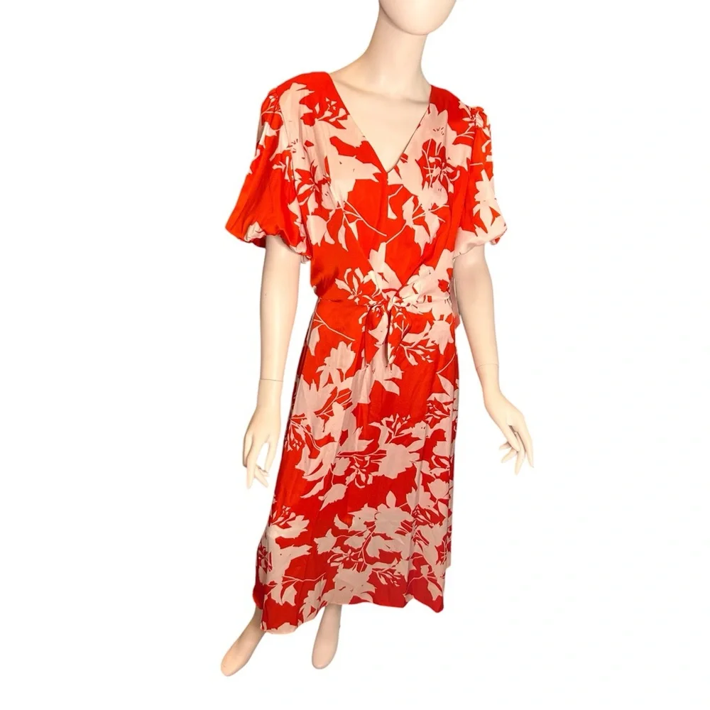 NWT Julia Jordan Women’s Size 16 Floral Midi Dress Tie Front Balloon Sleeve